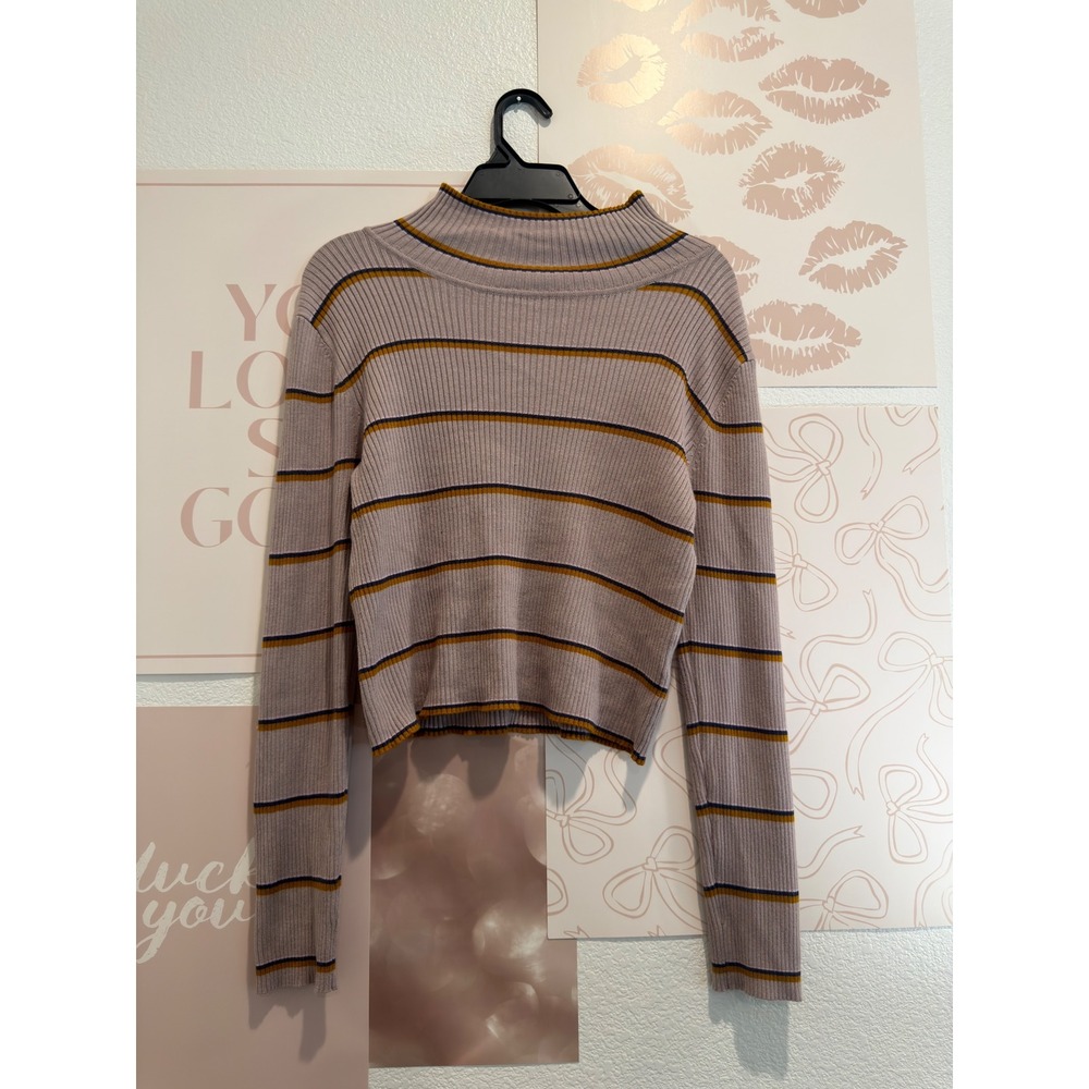 Pink Republic Womens XL Ribbed Mock Neck Striped Cropped Sweater Mauve Yellow